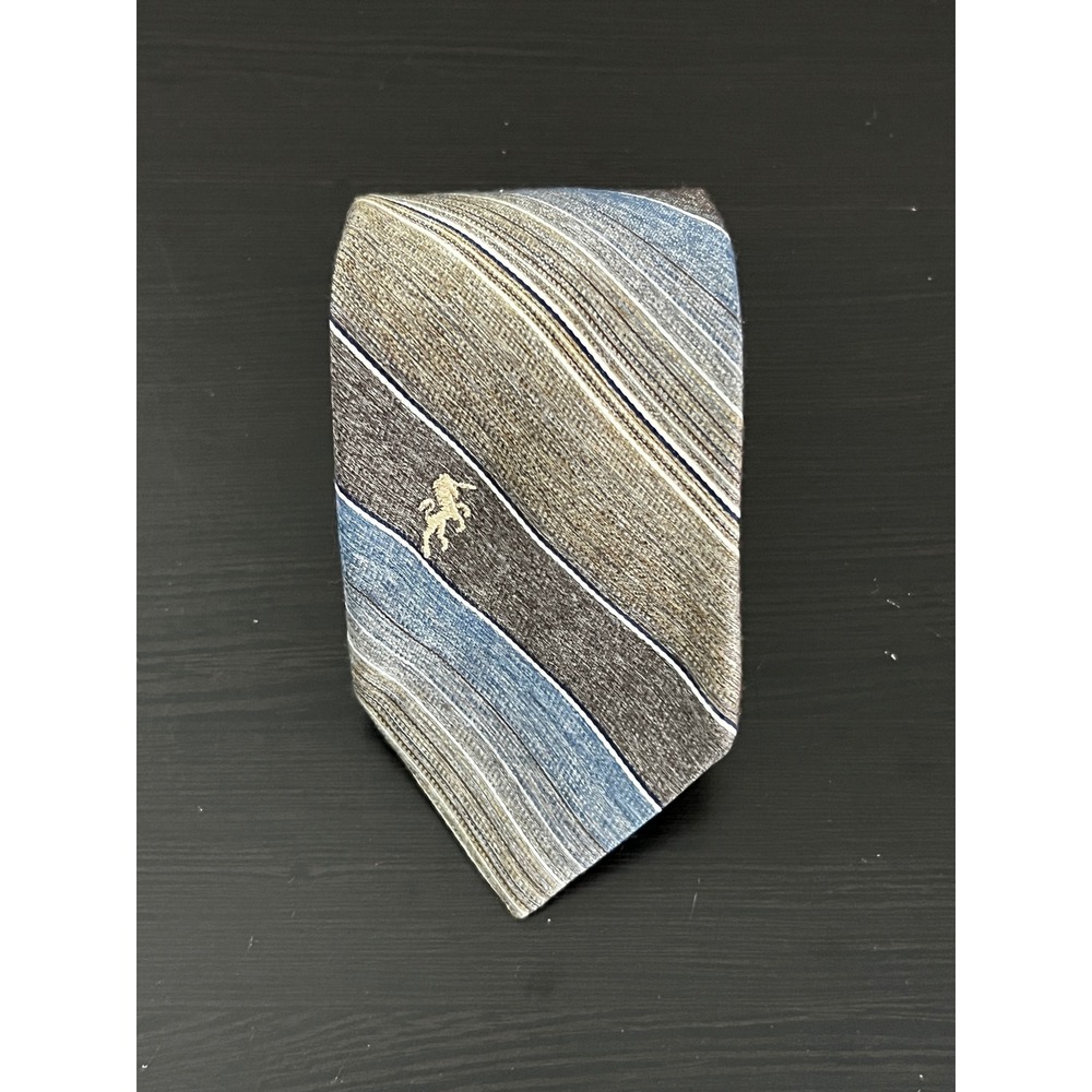 Bronzini Mens Silk Blend Diagonal Striped‎ Necktie Brown Blue Unicorn Logo